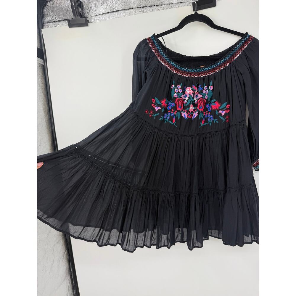 FREE PEOPLE Womens Size S Sunbeams Minidress Black Embroidered Off Shoulders - Picture 7 of 13